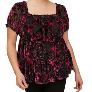 Torrid Babydoll Velvet Buurnout Tiered Top Floral Plus Size 5 5X Red Whimsigoth